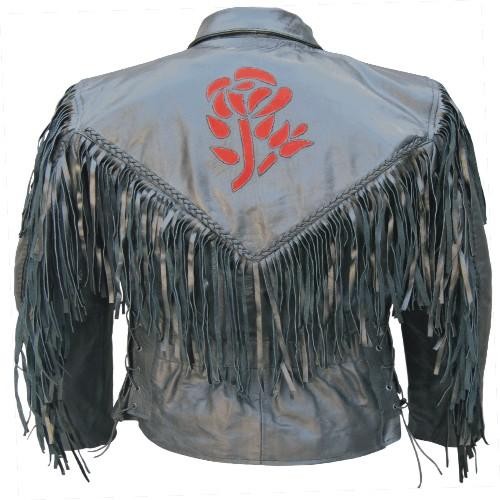 (image for) Ladies red rose Cowhide Leather jacket with fringe